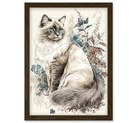 Artery8 Blue Point Ragdoll Cat with Flowers Watercolour Illustration Artwork Framed Wall Art Print A4