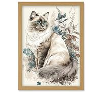Artery8 Blue Point Ragdoll Cat with Flowers Watercolour Illustration Artwork Framed Wall Art Print A4