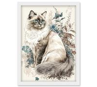 Blue Point Ragdoll Cat with Flowers Watercolour Illustration Artwork Framed Wall Art Print A4 Artery8 White One Size