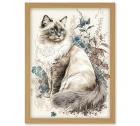Artery8 Blue Point Ragdoll Cat with Flowers Watercolour Illustration Artwork Framed Wall Art Print A4 in Light Oak Artery8 Light Oak