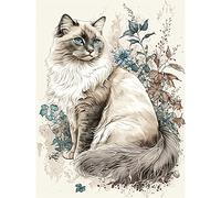 Artery8 Blue Point Ragdoll Cat with Flowers Watercolour Illustration Extra Large XL Wall Art Poster Print