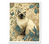Artery8 Blue Point Ragdoll Cat with Teal Plants Art Nouveau Watercolour Illustration Art Print Framed Poster Wall Decor 12x16 inch