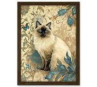 Artery8 Blue Point Ragdoll Cat with Teal Plants Art Nouveau Watercolour Illustration Artwork Framed A3 Wall Art Print