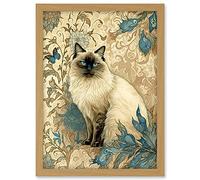 Artery8 Blue Point Ragdoll Cat with Teal Plants Art Nouveau Watercolour Illustration Artwork Framed A3 Wall Art Print