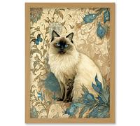 Artery8 Blue Point Ragdoll Cat with Teal Plants Art Nouveau Watercolour Illustration Artwork Framed Wall Art Print A4 in Light Oak Artery8 Light Oak