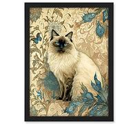 Artery8 Blue Point Ragdoll Cat with Teal Plants Art Nouveau Watercolour Illustration Artwork Framed A3 Wall Art Print