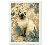 Blue Point Ragdoll Cat with Teal Plants Art Nouveau Watercolour Illustration Artwork Framed Wall Art Print A4 Artery8 White One Size