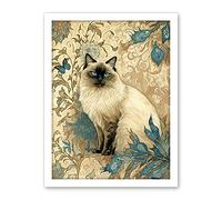 Artery8 Blue Point Ragdoll Cat with Teal Plants Art Nouveau Watercolour Illustration Artwork Framed Wall Art Print 18X24 Inch