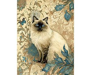Artery8 Blue Point Ragdoll Cat with Teal Plants Art Nouveau Watercolour Illustration Extra Large XL Wall Art Poster Print