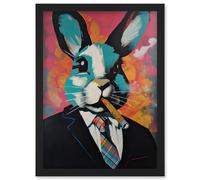 Artery8 Blue Rabbit with Cigar & Suit Modern Pop Art Artwork Framed Wall Art Print A4 in Black Artery8 Black