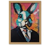 Artery8 Blue Rabbit with Cigar & Suit Modern Pop Art Artwork Framed Wall Art Print A4 in Light Oak Artery8 Light Oak