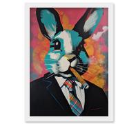Artery8 Blue Rabbit with Cigar and Suit Modern Pop Art Artwork Framed Wall Art Print A4