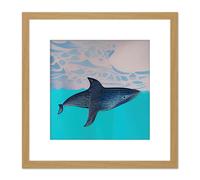 Artery8 Blue Whale Peaceful Ocean Watercolour Pattern Sky Square Wooden Framed Wall Art Print Picture 8X8 Inch in Light Oak Artery8 Light Oak