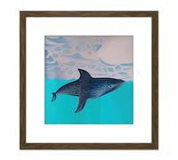 Artery8 Blue Whale Peaceful Ocean Watercolour Pattern Sky Square Wooden Framed Wall Art Print Picture 8X8 Inch in Brown Artery8 Brown