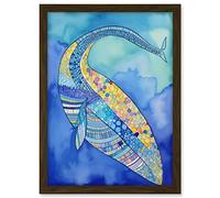 Artery8 Blue Whale With Multicolour Patterns Folk Art Watercolour Painting Artwork Framed A3 Wall Art Print