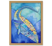 Artery8 Blue Whale With Multicolour Patterns Folk Art Watercolour Painting Artwork Framed A3 Wall Art Print