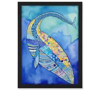 Artery8 Blue Whale With Multicolour Patterns Folk Art Watercolour Painting Artwork Framed A3 Wall Art Print