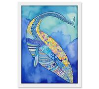 Artery8 Blue Whale With Multicolour Patterns Folk Art Watercolour Painting Artwork Framed A3 Wall Art Print
