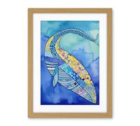 Artery8 Blue Whale With Multicolour Patterns Folk Art Watercolour Painting Artwork Framed Wall Art Print 18X24 Inch