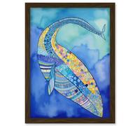 Artery8 Blue Whale With Multicolour Patterns Folk Art Watercolour Painting Artwork Framed Wall Art Print A4 in Brown Artery8 Brown