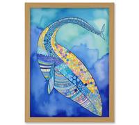 Artery8 Blue Whale With Multicolour Patterns Folk Art Watercolour Painting Artwork Framed Wall Art Print A4 in Light Oak Artery8 Light Oak