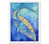 Artery8 Blue Whale With Multicolour Patterns Folk Art Watercolour Painting Artwork Framed Wall Art Print A4 in White Artery8 White