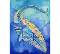 Artery8 Blue Whale With Multicolour Patterns Folk Art Watercolour Painting Large Wall Art Poster Print Thick Paper 18X24 Inch