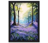 Artery8 Bluebell Forest Sunshine Vibrant Artwork Purple Blue Flowers Early Morning Serene Landscape Artwork Framed Wall Art Print A4