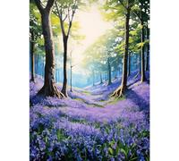 Artery8 Bluebell Forest Sunshine Vibrant Artwork Purple Blue Flowers Early Morning Serene Landscape Art Print Canvas Premium Wall Decor Poster Mural