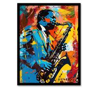 Artery8 Blues Jazz Saxophone Player Vibrant Painting Living Room Art Print Framed Poster Wall Decor 12x16 inch