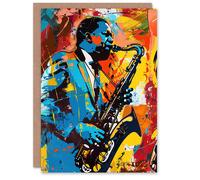 Artery8 Blues Jazz Saxophone Player Vibrant Painting Greeting Birthday Card Him Her All Blank