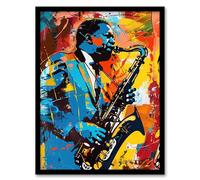 Artery8 Blues Jazz Saxophone Player Vibrant Painting Living Room Artwork Framed Wall Art Print A4
