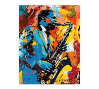 Blues Jazz Saxophone Player Vibrant Painting Wall Art Print Artery8 Multi W24 inch x H32 inch
