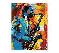 Blues Jazz Saxophone Player Vibrant Painting Wall Art Print Artery8 Multi W24 inch x H32 inch