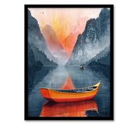 Artery8 Boat in Lake Serene Mountain Landscape Sunrise For Living Room Artwork Framed Wall Art Print A4