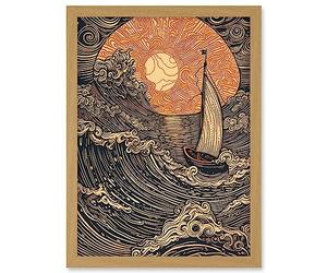 Artery8 Boat Sailing into the Sunset Linocut Illustration Artwork Framed A3 Wall Art Print