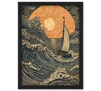 Artery8 Boat Sailing into the Sunset Linocut Illustration Artwork Framed Wall Art Print A4 in Black Artery8 Black