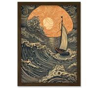 Artery8 Boat Sailing into the Sunset Linocut Illustration Artwork Framed Wall Art Print A4 in Brown Artery8 Brown