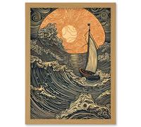 Boat Sailing into the Sunset Linocut Illustration Artwork Framed Wall Art Print A4 Artery8 Light Oak One Size