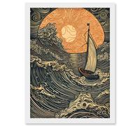 Boat Sailing into the Sunset Linocut Illustration Artwork Framed Wall Art Print A4 Artery8 White One Size