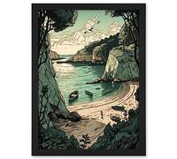 Artery8 Boat Trip to a Secluded Beach Coastal Landscape Artwork Framed A3 Wall Art Print