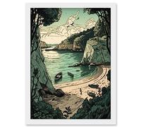 Boat Trip to a Secluded Beach Coastal Landscape Artwork Framed Wall Art Print A4 Artery8 White One Size