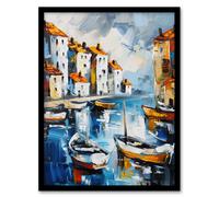 Boats in Harbor Fishing Town Coastal Townscape Framed Art Print Artery8 Multi A4