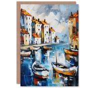 Artery8 Boats in Harbor Fishing Town Coastal Townscape Greeting Card Birthday Artery8 Multicolor