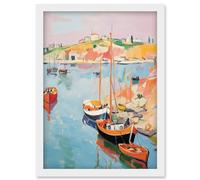 Wall Art Print Boats in Harbour Fishing Village Coastal Landscape Colourful Abstract Watercolour Painting Artwork Framed A4 Artery8 White A4