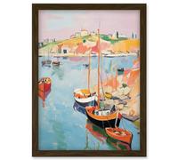Wall Art Print Boats in Harbour Fishing Village Coastal Landscape Colourful Abstract Watercolour Painting Artwork Framed A4 Artery8 Brown A4
