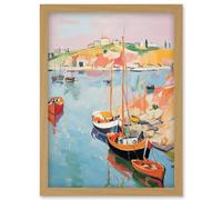 Wall Art Print Boats in Harbour Fishing Village Coastal Landscape Colourful Abstract Watercolour Painting Artwork Framed A4 Artery8 Light Oak A4