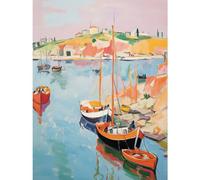 Artery8 Boats in Harbour Fishing Village Coastal Landscape Colourful Abstract Watercolour Painting Large Wall Art Poster Print Thick Paper 18X24 Inch