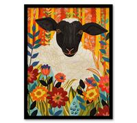 Artery8 Bohemian Sheep Vibrant Trippy Flower Pattern Living Room Artwork Framed Wall Art Print A4