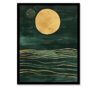 Artery8 Boho Abstract Full Moon Dark Green Gold Seascape Framed Art Print | Size: A4 Artery8 Dark Green A4
